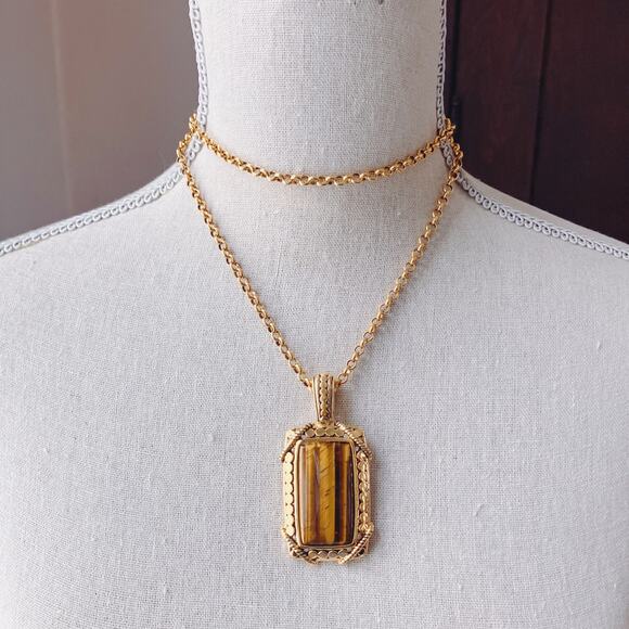 Signed Joan Rivers Tiger Eye Hinged Bail Pendant Gold Tone Necklace 33" Vintage - Picture 11 of 14